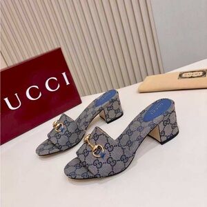 Gucci Women's Blue Monogram Block Heel Mules